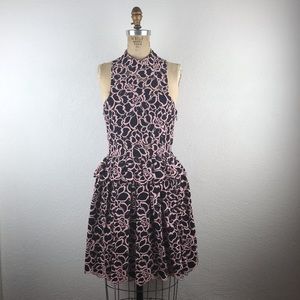 Revolve l 4 LIKELY Pinup Black Pink Peek-a-Boo Illusion Lace Halter Peplum Dress